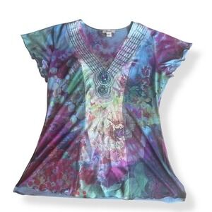 Y2K 2000s Beaded‎ Tunic Top Womens Size Small Fairy Colorful Festival USA Made